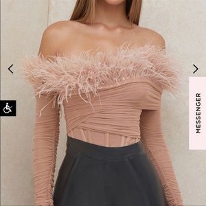 HOUSE OF CB faith blush off the shoulder feather top